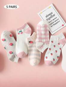 5 paires de chaussettes courtes pour femmes, motif fraise, mignonnes, , polyvalentes et respirantes. Conviennent pour la maison, l'extérieur et plus encore.
