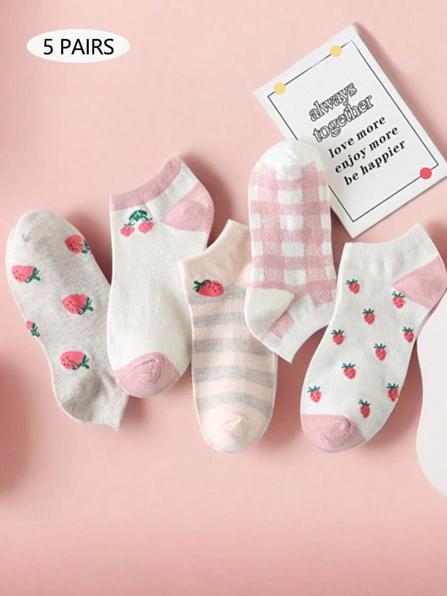 5 paires de chaussettes courtes pour femmes, motif fraise, mignonnes, , polyvalentes et respirantes. Conviennent pour la maison, l'extérieur et plus encore.