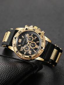 1pc Men's Silicone Watch, Classic Fashion Three-Eye Digital Scale Dial, Stylish Sporty Quartz Wristwatch (1pc/Set), Watch Box Not Included - Black - View 5