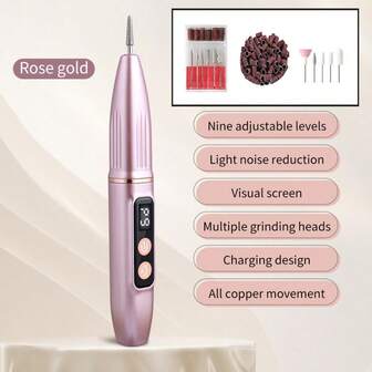 便携式电动美甲打磨套装，包含多个打磨头，适用于亚克力凝胶美甲，美甲护理工具套装，配备美甲钻头，300mAh电池容量，持久耐用，9档速度调节，带显示屏，节日礼物