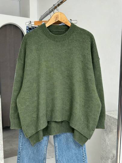 Women's Casual Solid Color Long Sleeve Knit Sweater, Soft, Comfortable, Warm, Versatile Top For Autumn/Winter