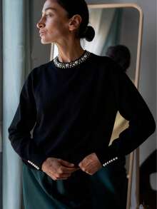 GIGOGOU Fashion Beading Women Autumn Winter Warm Sweater Casual Basic Long Sleeves Knit Top Fall Clothes Chic - Black - View 5