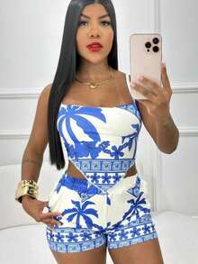 Launch Of PONTA Women's Shorts + Blouse With Coconut Tree Landscape Padding Set - 藍色 - 查看 1