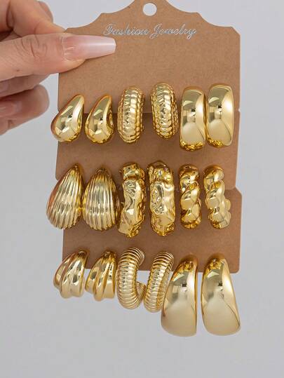 2-18pcs Luxury Chunky Twist Texture + Metal Embossed Faux Wood C-Shape Teardrop Earring Set, Suitable For Women's Daily & Party Wear, Includes 3D Textured Exaggerated C-Shape, Vintage Circle Earrings