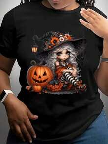 Camiseta playera básica gráfica estampada casual dama mujer manga corta cuello redondo look casual relajado cómodo versátil fresca ligera colorido diseño halloween día de muertos bruja tierna calabaza sobrero - Negro - Ver 1