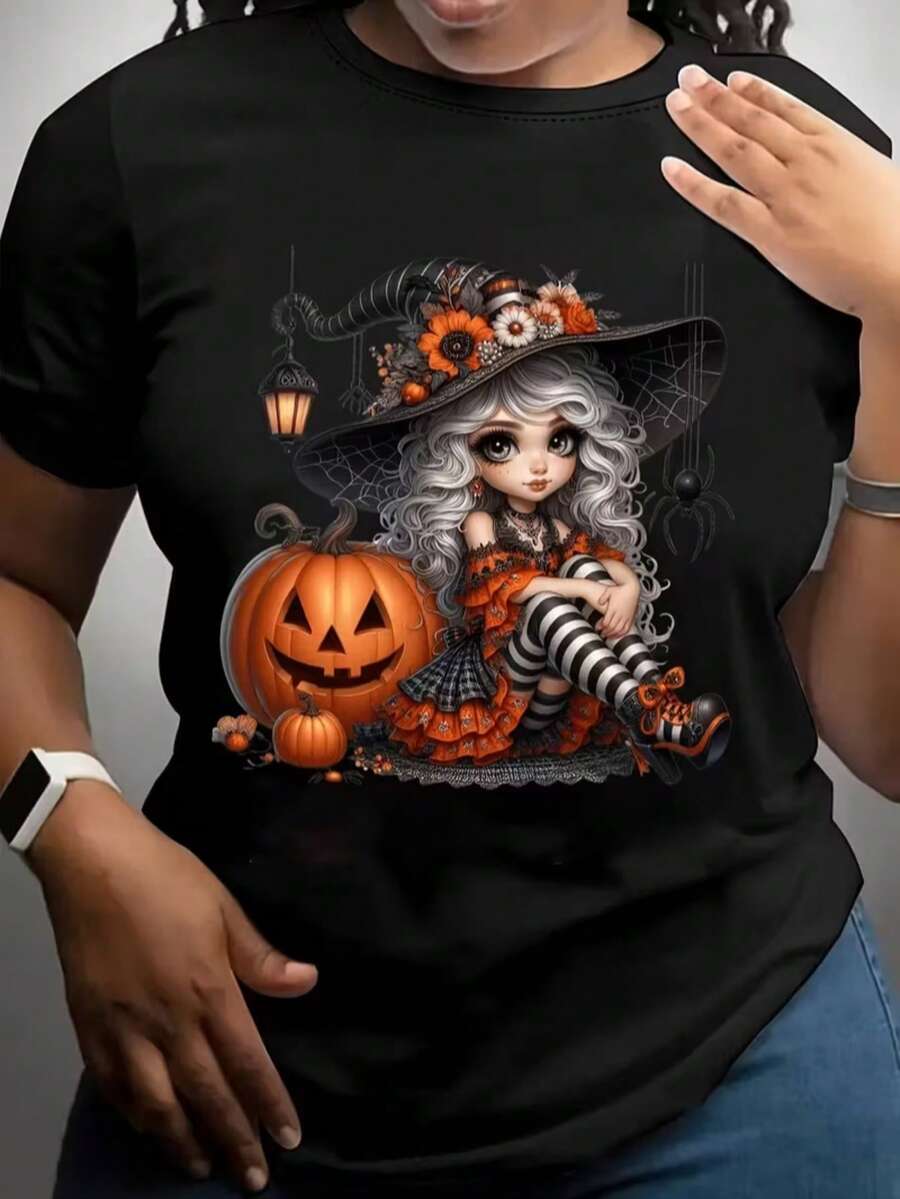 Camiseta playera básica gráfica estampada casual dama mujer manga corta cuello redondo look casual relajado cómodo versátil fresca ligera colorido diseño halloween día de muertos bruja tierna calabaza sobrero - Negro - Ver 1