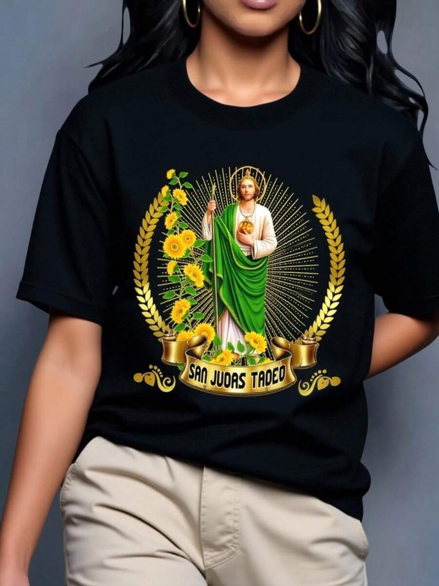 Playera camiseta gráfica dama mujer manga corta cuello redondo básica cómoda fresca ligera moderna juvenil casual estampado sn judas san juditas tadeo girasoles flores flor floral letras - Negro - Ver 1