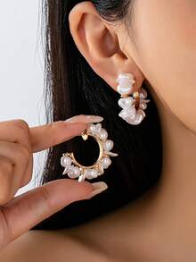 1 Pair Vintage Style Minimalist Geometric Faux Pearl Hoop Earrings, Suitable For Women's Daily, Party, Or Gift - Multicolor - View 6