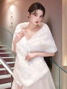 1 件女士优雅蓬松新娘婚礼披肩，柔软人造毛皮白色外套披肩，温暖新娘婚礼围巾披肩，适合新娘婚礼、生日派对、舞会、甜蜜 16 岁、宴会、摄影、圣诞节 - A - 查看 3