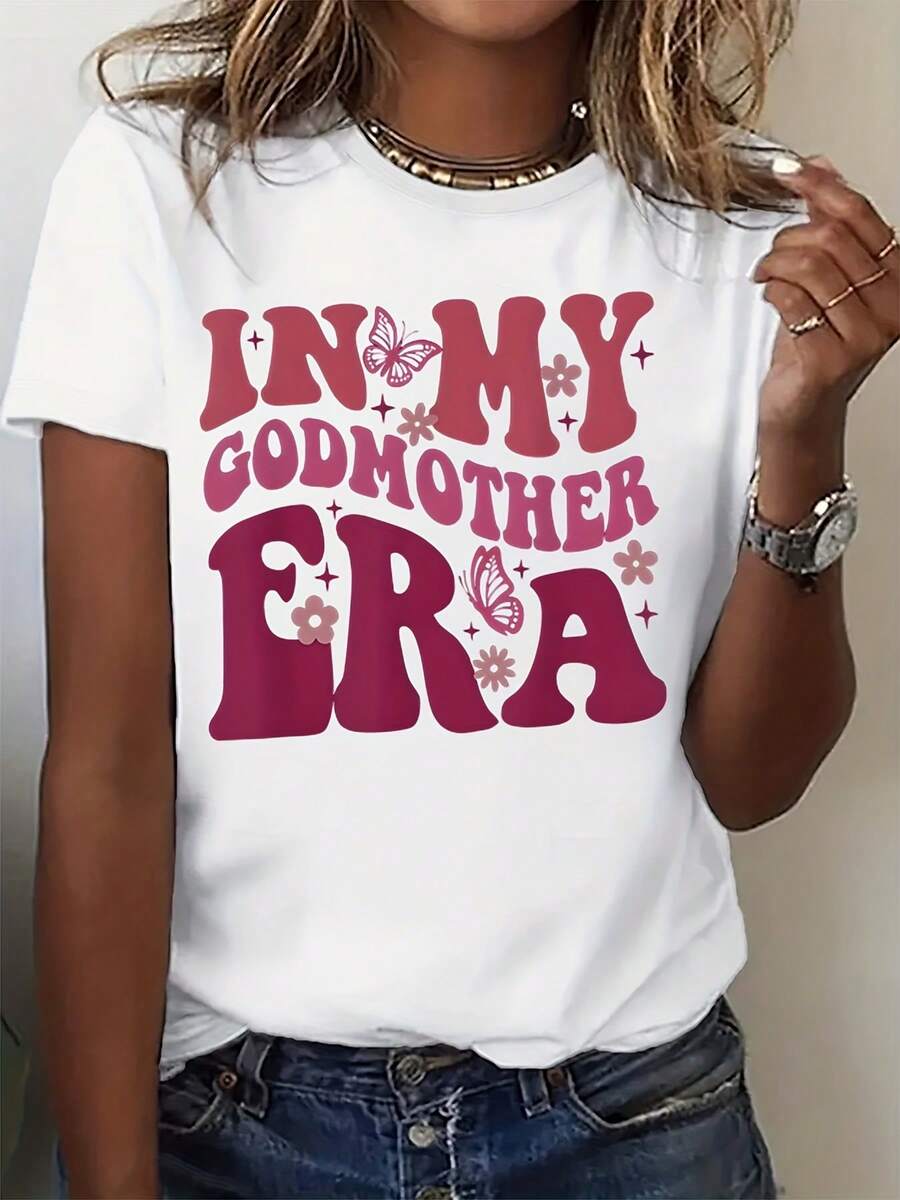 Women's Round Neck T-Shirt In My Godmother Era Pink Graphic Print Short Sleeve Casual Tee For Everyday Wear, Party, And Gift Ideas - 白色 - 查看 1