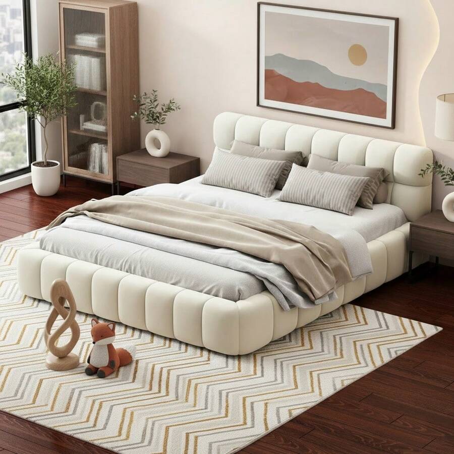 MISNODE Upholstered Bed 140x190, 140/160 X 200 Cm, Double Bed With Slatted Frame, Linen, Youth Bed, Adult Bed, Easy Assembly, Beige, Without Mattress - 米色 - 查看 1