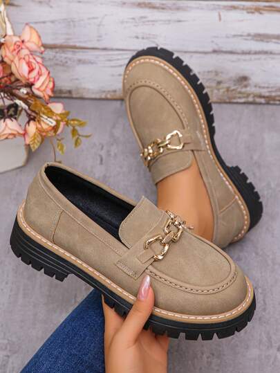 Women's Fashion Casual Round Toe Slip-On Loafers, Thick Sole Flat Shoes