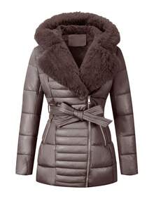 Giolshon 女士秋冬仿皮羽绒夹克，仿毛领，教师装，可调节腰带，适合时尚通勤和分层穿着 - 深咖色 - 查看 2