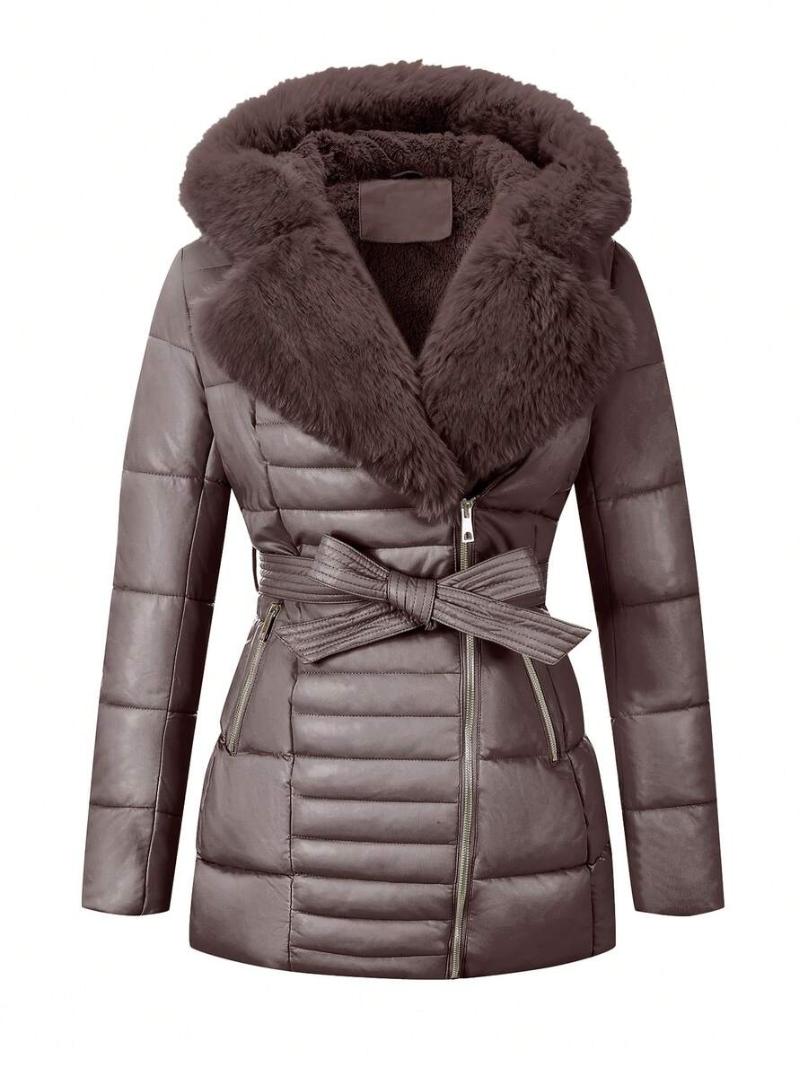 Giolshon 女士秋冬仿皮羽绒夹克，仿毛领，教师装，可调节腰带，适合时尚通勤和分层穿着