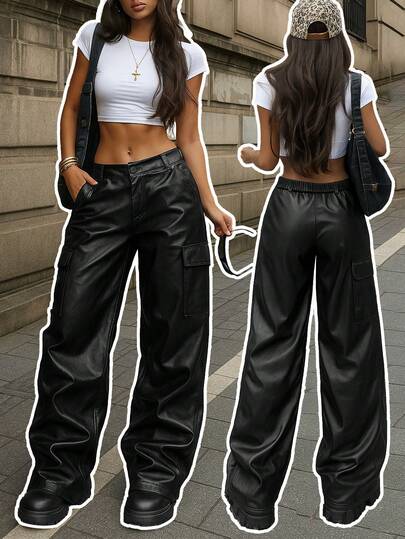 Women's Black Faux Leather Straight Leg Pants With Button Zipper And Pockets Long Inseam Medium Stretch Woven Fabric