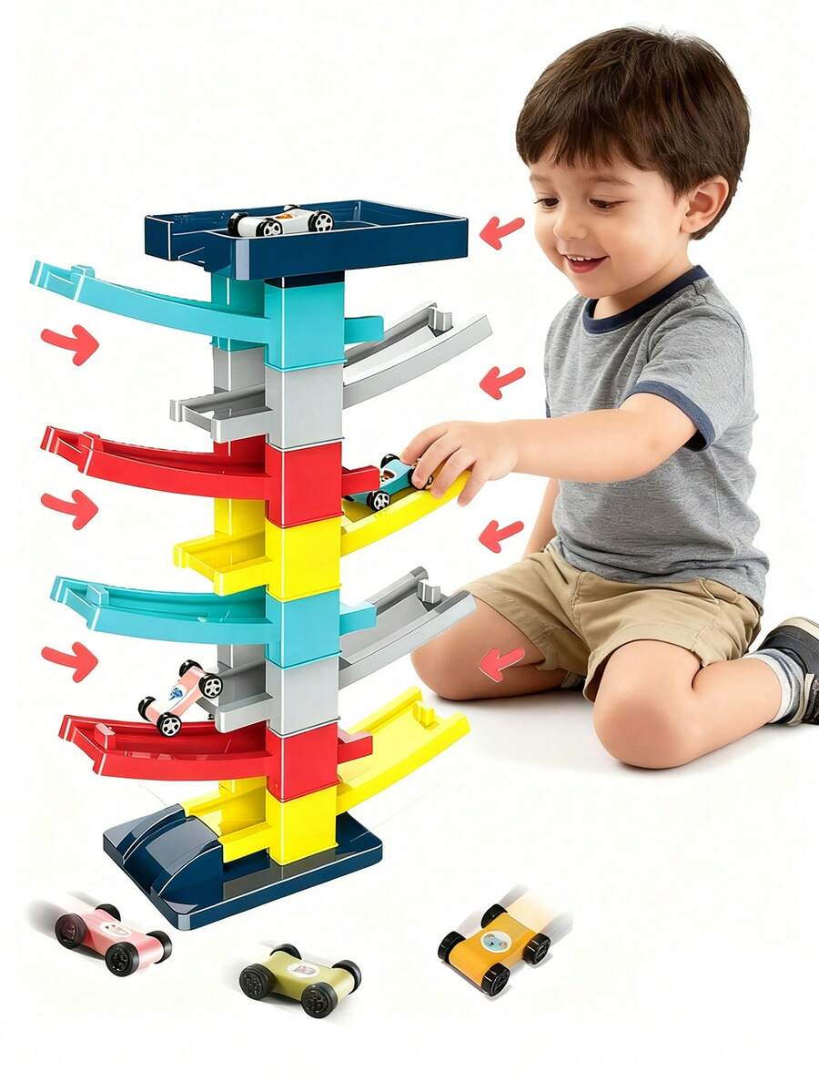 8-Track Toy Racing Car Set, Includes 4 Mini Racing Cars, Suitable For 3-6 Years Old Boys And Girls, Perfect Birthday Gift, Random Colors - Multicolor - View 1