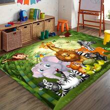 1pc Festive Animal Pattern Area Rug - Non-Slip, Machine Washable Polyester Mat For Living Room, Bedroom, Game Room & Bathroom - Soft, Durable & Comfortable Home Decor With Elephant, Lion, Giraffe, Zebra & Monkey Designs