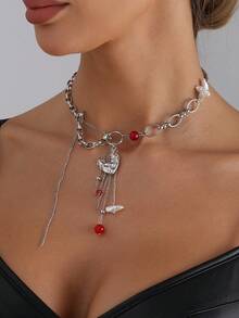 1pc Y2K Punk Style Dark Girl Asymmetric Heart Pendant Beaded Tassel Necklace, Suitable For Various Theme Parties