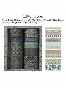 12 rollos/caja de cinta washi, diseños florales vintage, estampados ordenados, se puede usar para creaciones únicas de diarios, elaboración de diarios con estilo vintage, creación de bordes para fotos, adecuado como regalo para amantes de la artesanía hecha a mano, estudiantes y trabajadores de oficina para regalos cotidianos, regalos de cumpleaños