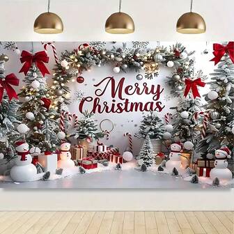 1pc 2D Flat Christmas 2026 Decoration Background, New Year Merry Christmas Scene With Bow And Christmas Tree, Snowman And Gift Box Design. Christmas Party, Photography Prop Decor, Winter Gathering, Christmas Home Decor