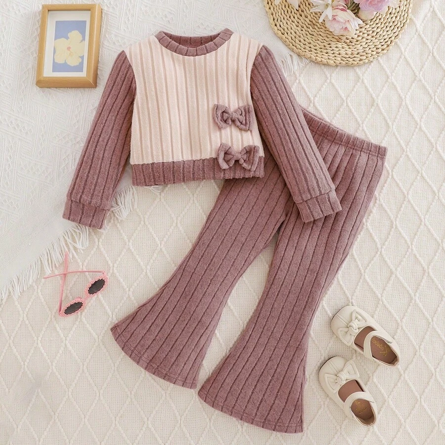 Set de 2 piezas de top de manga larga con lazo y pantalones acampanados con parches en color albaricoque y rosa para niña, para otoño/invierno