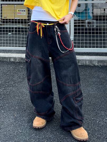 1 件男士复古美式街头风格拼接多口袋宽松阔腿工装裤，休闲舒适百搭牛仔裤，适合所有季节（不含腰带和配饰）