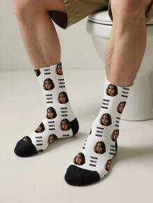 1PC Unisex Custom Portrait And Text Pattern White And Black Comfortable Casual Socks, Suitable For Daily Wear, Available In Multiple Colors, An Excellent Gift For Friends On Birthdays And Holidays