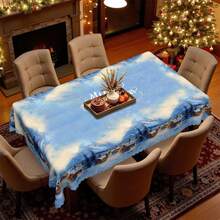 1pc Christmas Atmosphere Tablecloth, "Snowy Mountain Village Starry Sky" & "Merry Christmas" Letter Blue Tablecloth, Polyester Fabric, Lace Edging, Rectangular And Round, Multi-Size Suitable For Indoor And Outdoor - Kitchen, Dining Room Decor, Ideal Christmas Gift, Dinner Party, Picnic, Home & Kitchen Decoration