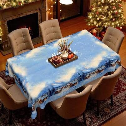 1pc Christmas Atmosphere Tablecloth, "Snowy Mountain Village Starry Sky" & "Merry Christmas" Letter Blue Tablecloth, Polyester Fabric, Lace Edging, Rectangular And Round, Multi-Size Suitable For Indoor And Outdoor - Kitchen, Dining Room Decor, Ideal Christmas Gift, Dinner Party, Picnic, Home & Kitchen Decoration