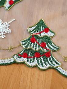1pc Christmas Snowman & Pine Tree Placemat, White Polyester Fabric Lace Embroidered Rectangular Placemat, Suitable For Christmas Holiday And Daily Dining Table - White - View 4