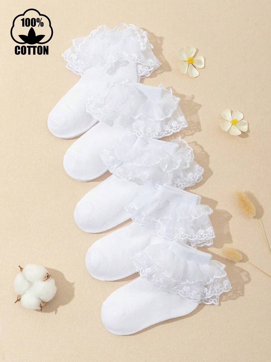 5 双女童纯色时尚荷叶边棉质短款公主袜/舞蹈袜