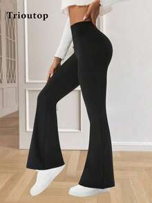 Trioutop 女式高腰喇叭紧身裤，柔软弹力瑜伽裤，修身收腹，休闲运动休闲裤 - 黑色 - 查看 1