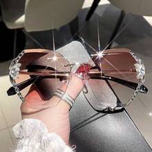1pc Rhinestone Rimless Edged Fashion Glasses For Women, Glittering Accessory, Oversized Face Flattering, UV Protection, Fashion Eyewear For Vacation Outfits