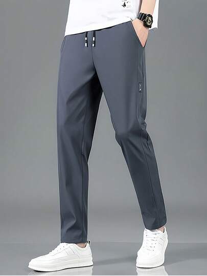 Men's Lightweight Casual Sports Pants, Elastic Waist, Solid Color, 4-Way Stretch, Unlined, Straight Leg, Suitable For Sports, Outdoor, Running