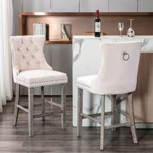 Virabit Velvet Counter Height Bar Stools Set Of 2, 27" Padded Bar Stool With Button And Nailhead Decoration, Bar Stool With Back And Wooden Legs(Beige)