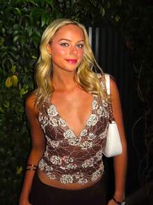 Women Lace Tank Top, Sleeveless Tops V-Neck Shiny Slim Fit Summer Clubwear For Daily Party - Khaki - View 1