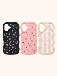 Black White Pink Bowknot Fashion Phone Cases 3pcs Dopamine Themed Wavy Edge Bowknot Pattern Phone Cases Compatible With IPhone & Galaxy Phones Spring Gift - Multicolor - View 46