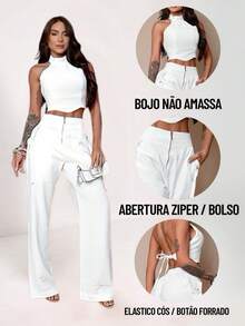 H&N Women's Long Cropped Set With Eyelet Trousers 9622 - 白色 - 查看 5