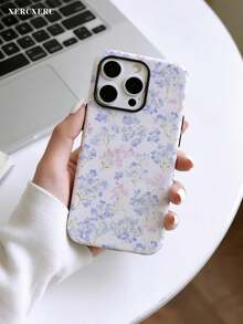 xercxerc Blue And Pink Floral Print 2-In-1 Case With PC Hard Outer & TPU Soft Inner, Large Window, Matte/Glossy Finish For IPhone 11-17 Pro ProMax Air - Multicolor - View 5