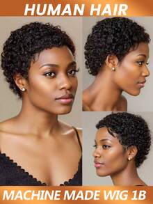 Short African Curly Fluffy Wig, Human Hair Wig, Women's Pixie Short Hair Wig, Deep Wave Water Ripple Short Wig, Full Machine Woven Wig - Multicolor - View 3