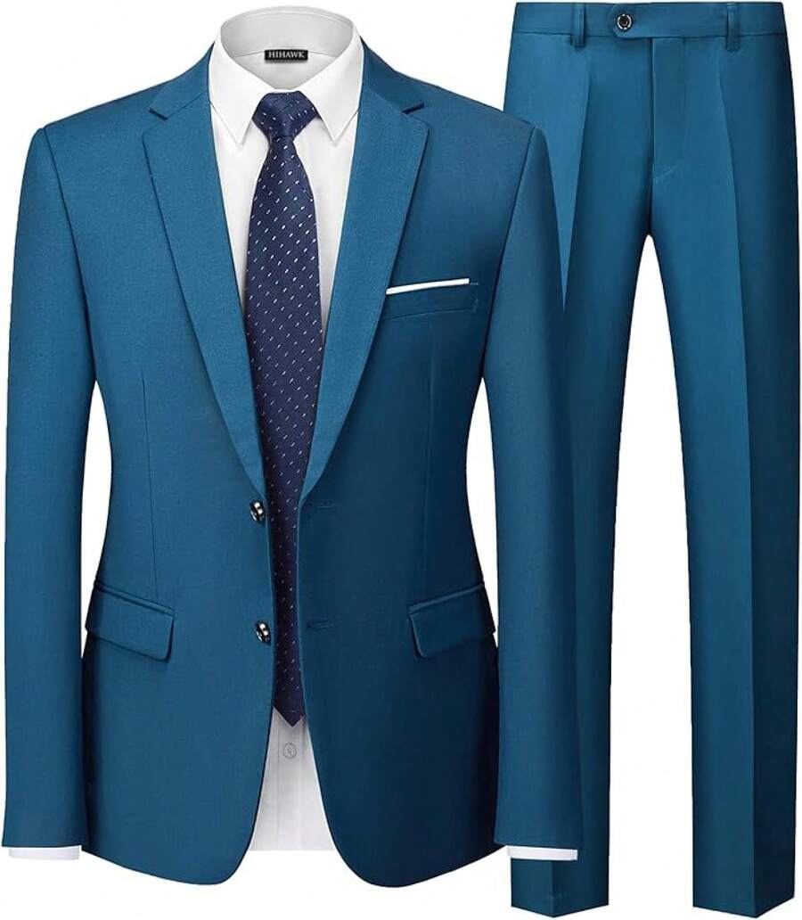 Hihawk Men's 2 Piece Suit, 2 Button Solid Pants SetChristmas FGLB - 淺藍色 - 查看 1