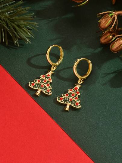 1 Paar komplett mit synthetischem Zirkonia besetzter eleganter Weihnachtsgeschenk Weihnachtsbaum Ohrringe, geeignet für Frauen Feiertagsparty Kleidung
