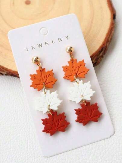 1 Pair Acrylic Maple Leaf Earrings, Baked Paint Soft Clay Texture Retro Earrings, Long Maple Leaf Triple Strand, Resort Gift Dangle Earrings For Autumn/Winter, Halloween