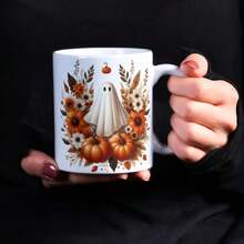 Halloween Mug Wrap, 11 Oz & 15 Oz Pumpkin Coffee Mug Template, Spooky Ghost Mug Wrap, Fall Mug Sublimation Designs, Digital Download - Yellowish White - View 4