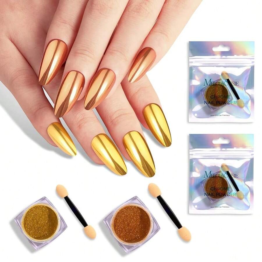 2Pcs Chrome Nail Powder For Gel Nails,Metallic Mirror Effect Pigment Stylish And Technological Fine Glitter For Home DIY Salon Use{"Color_name":"GoldandChampagne"} - 金色和香檳色 - 查看 1