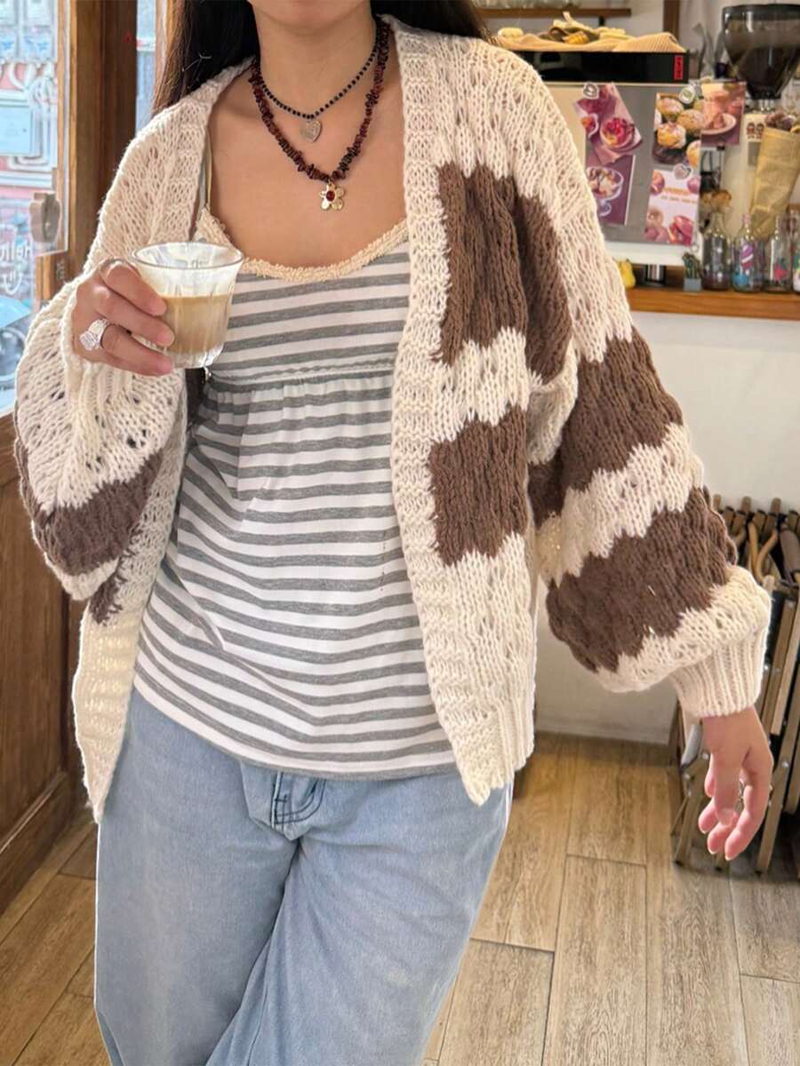 Women Chunky Cardigan Lantern Sleeve Open Front Sweaters Loose Cable Knit Oversized Cardigans Outwear Coats - Chocolate Brown - View 1