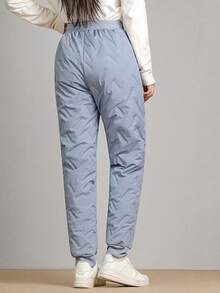 女士保暖内衬锥形裤，纯色羊羔绒菱形图案，保暖休闲户外裤，带抽绳腰带和拉链口袋，冬季 - 藍色 - 查看 3