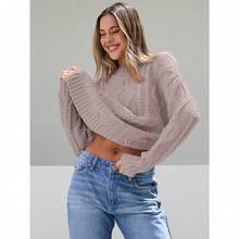 2025  Women's Oversized Cable Knit Crewneck Sweaters - Light Mauve - View 4