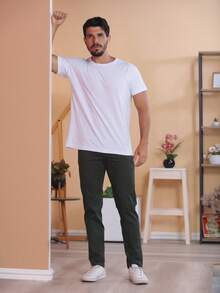 Men's Slim Fit Dress Twill Pants With Built-In Pockets And Lycra - Green - View 5