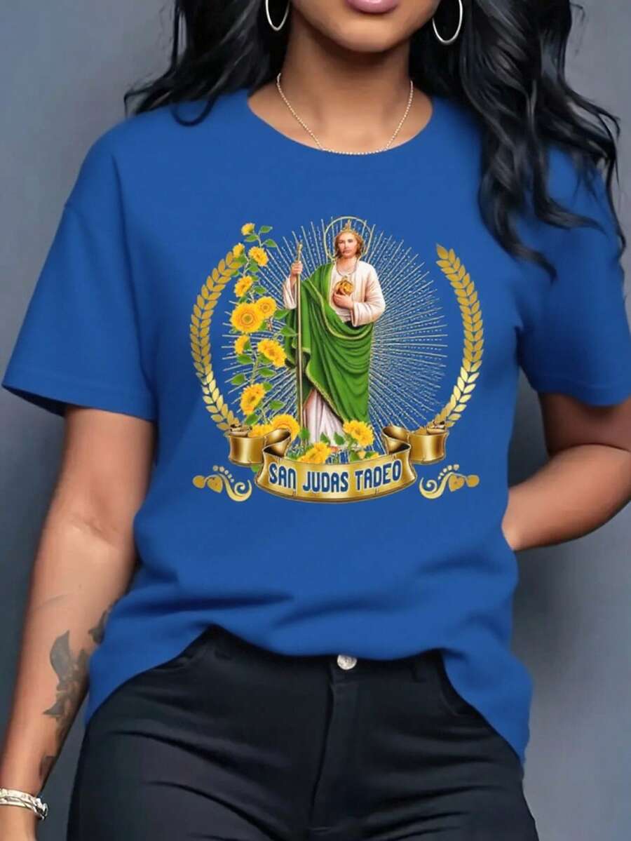 Playera camiseta gráfica dama mujer manga corta cuello redondo básica cómoda fresca ligera moderna juvenil casual estampado sn judas san juditas tadeo girasoles flores flor floral letras - azul real - Ver 1